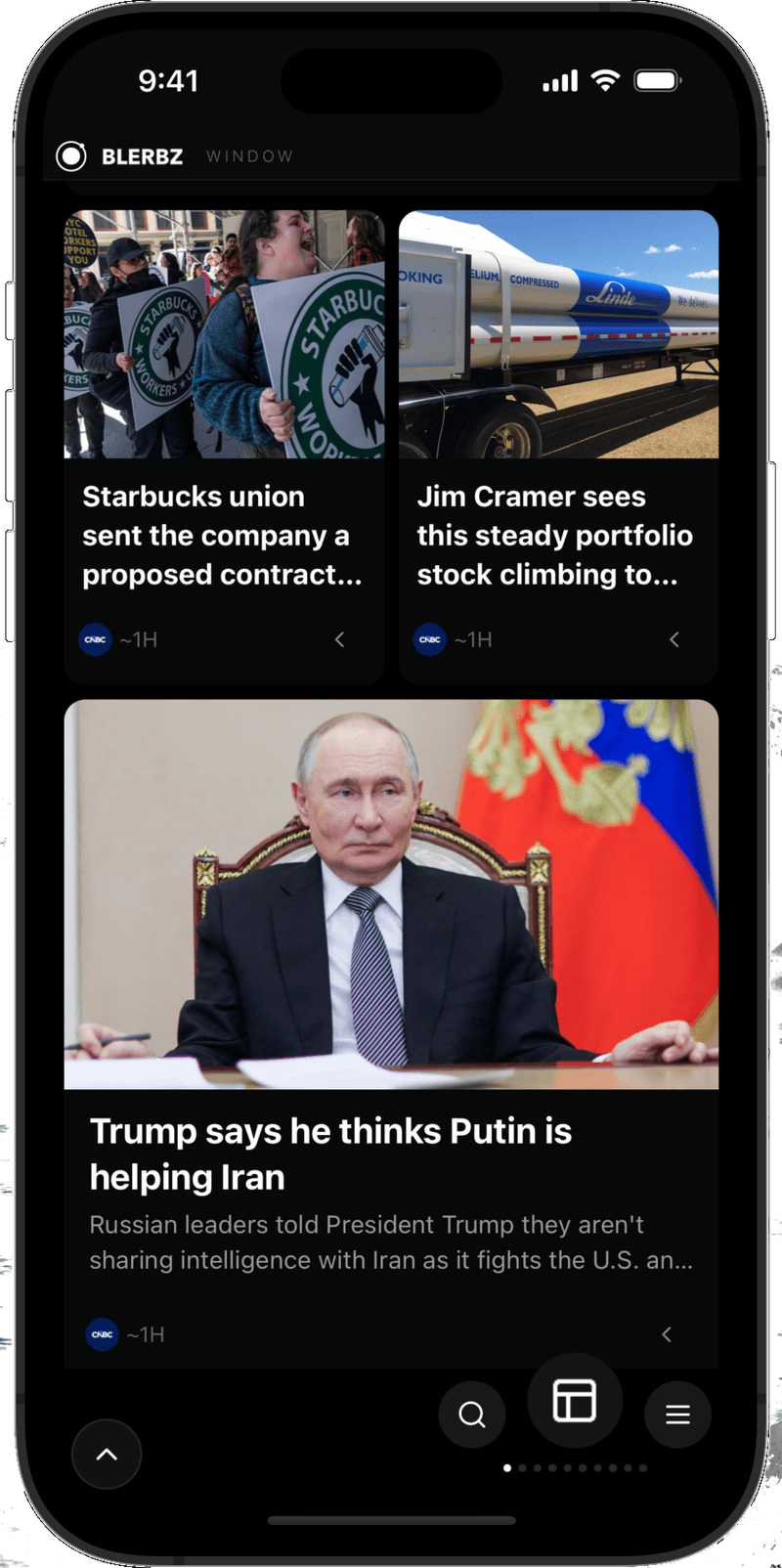 Blerbz app — Window news feed