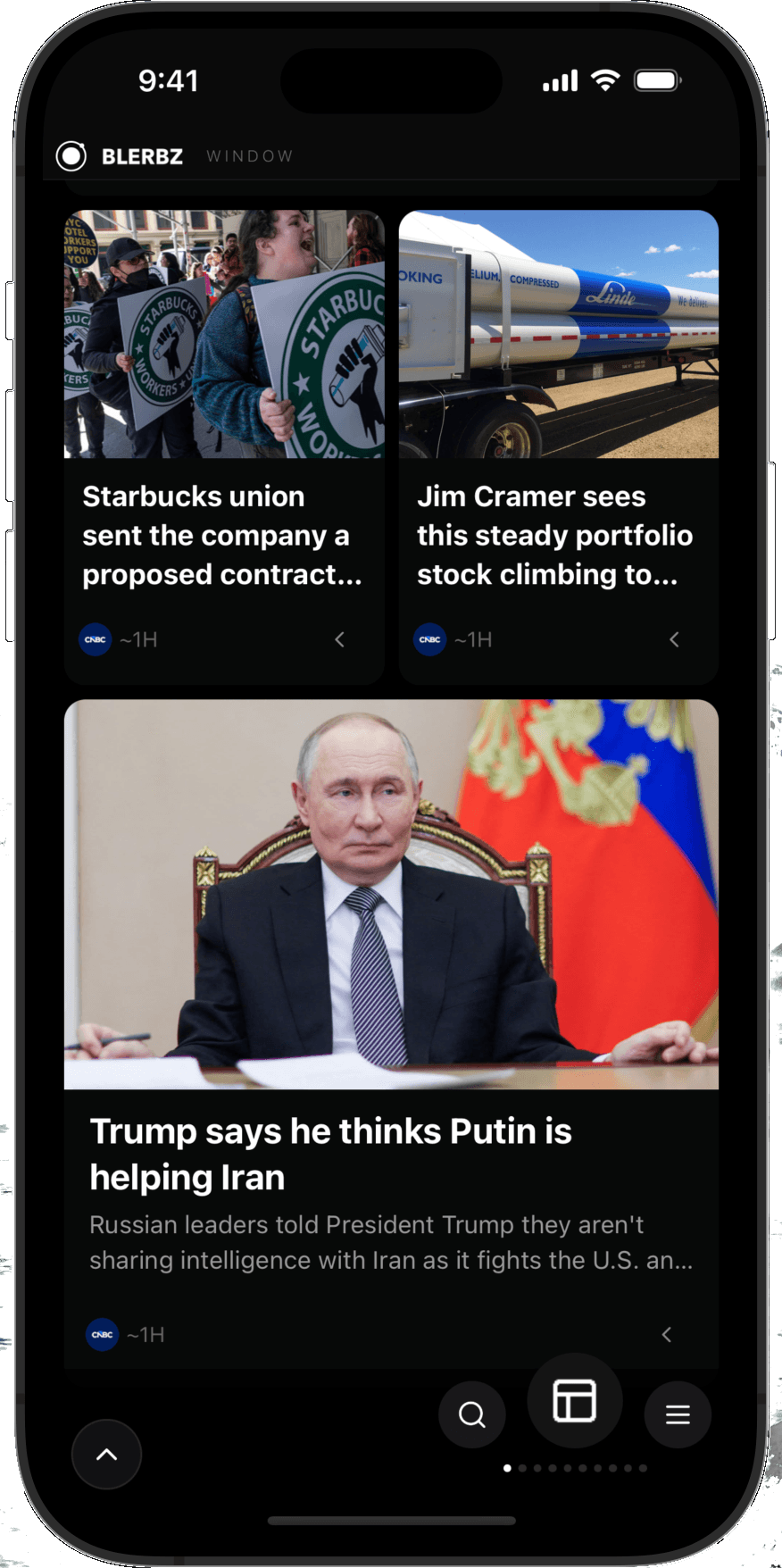 Blerbz Window feed showing ranked news cards